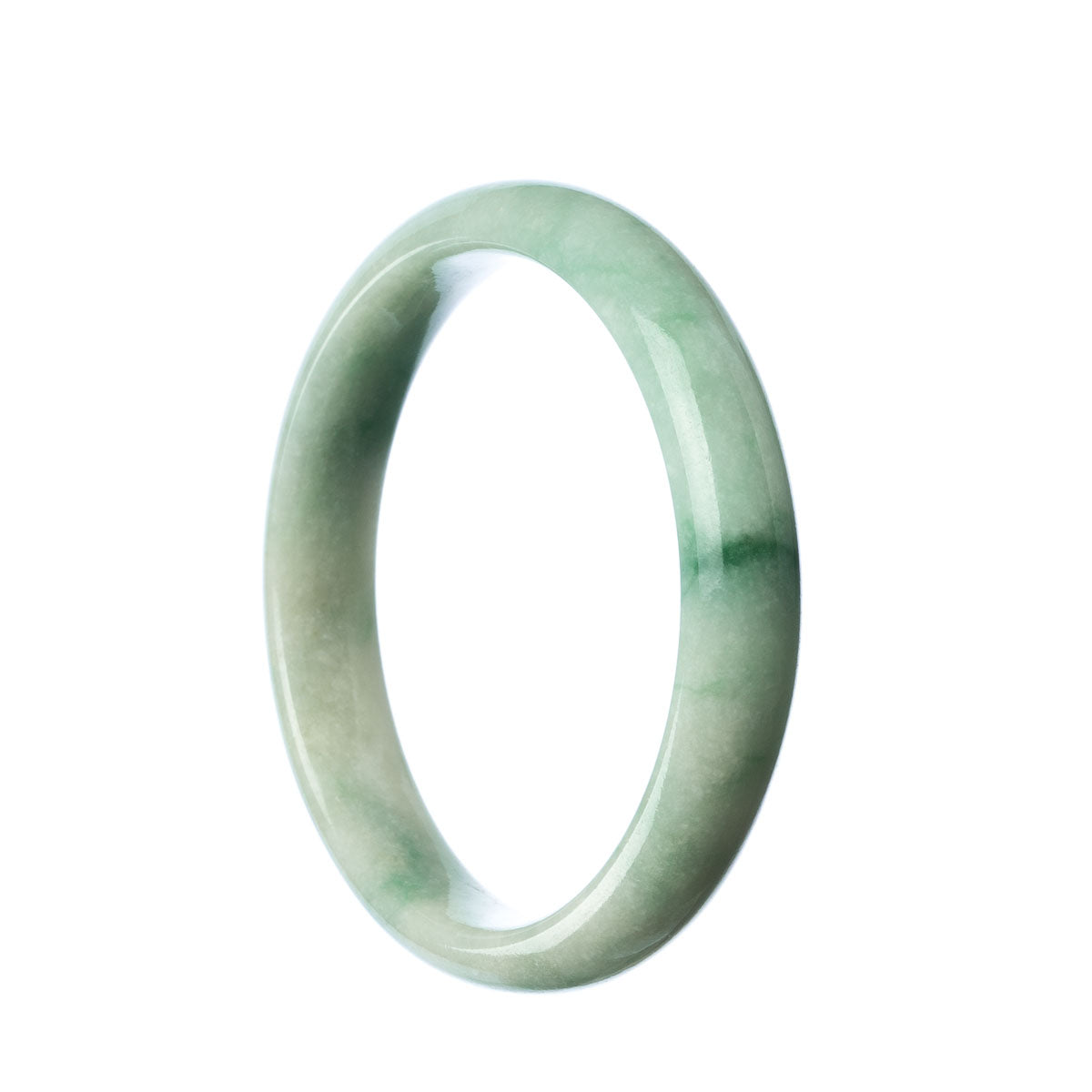 A close-up photo of a half-moon shaped jade bangle in a pale green color. The bangle is made of genuine Grade A Burmese jade and measures 57mm in diameter. It is a beautiful piece of jewelry from MAYS GEMS.