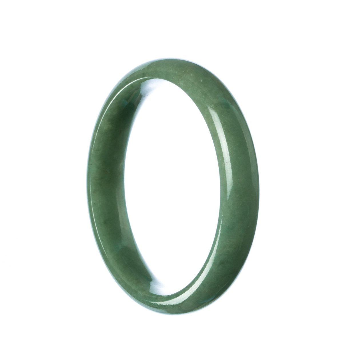 A close-up image of a green jade bangle bracelet, half moon shaped, with a certification label.