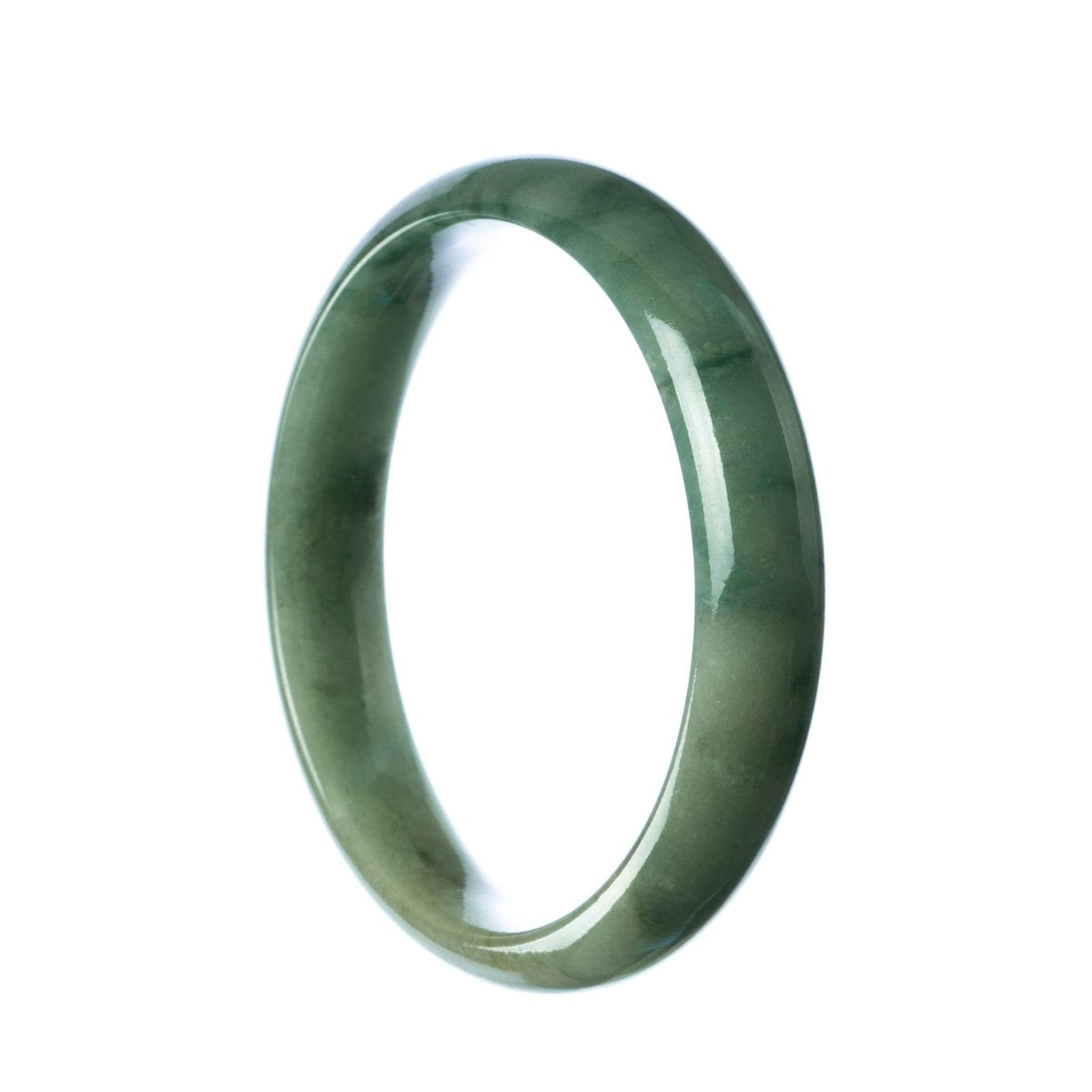 A close-up of a beautiful, half-moon shaped green jade bracelet with a smooth and polished surface. The bracelet is made with real grade A green jade, measuring 59mm in size. It is a stunning piece of jewelry from MAYS™.