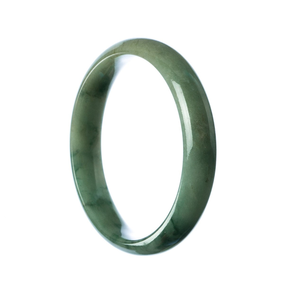 A beautiful half moon-shaped authentic Type A Green Jadeite Jade bangle, measuring 59mm in diameter. Crafted by MAYS™, this bangle is a stunning piece of jewelry.