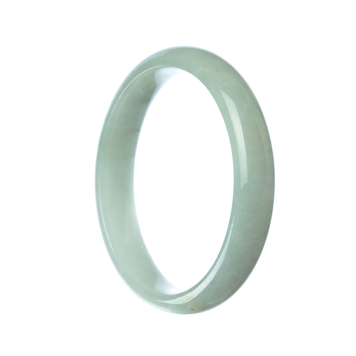 A half-moon shaped pale green Burma Jade bracelet, with a genuine Grade A quality. The bracelet measures 58mm in size. Designed and crafted by MAYS.