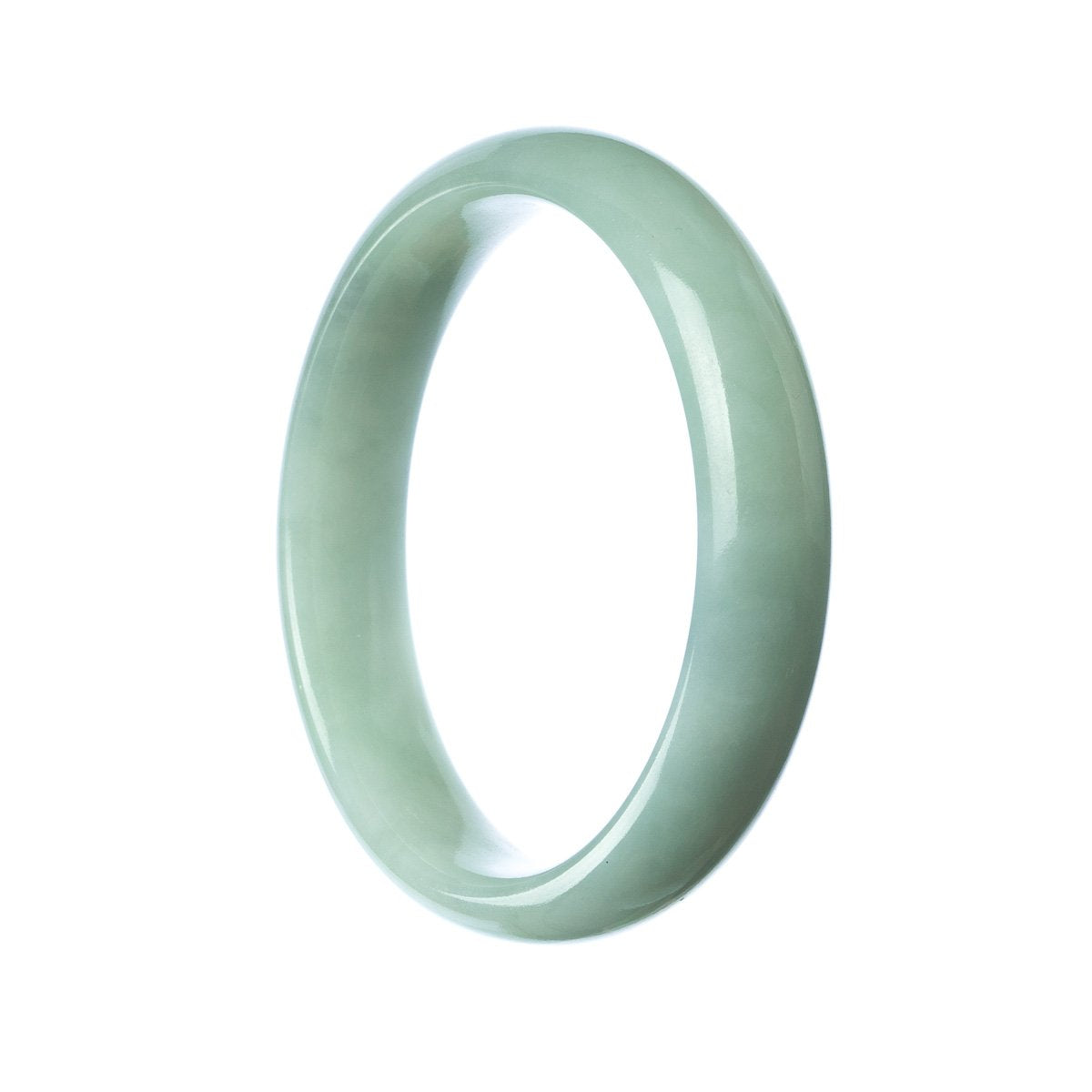 An authentic Type A pale green jadeite jade bangle with a 57mm half moon shape, available at MAYS GEMS.