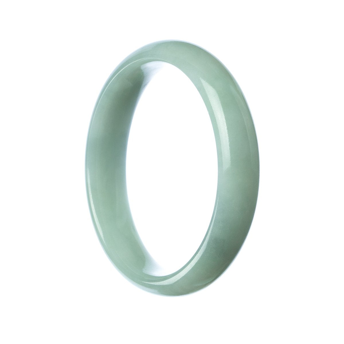 A close-up photo of a stunning pale green Burma jade bracelet, crafted with Real Grade A jade. The bracelet features a 57mm half moon shape, exuding elegance and sophistication. Handcrafted by MAYS™, this beautiful piece is sure to add a touch of luxury to any outfit.