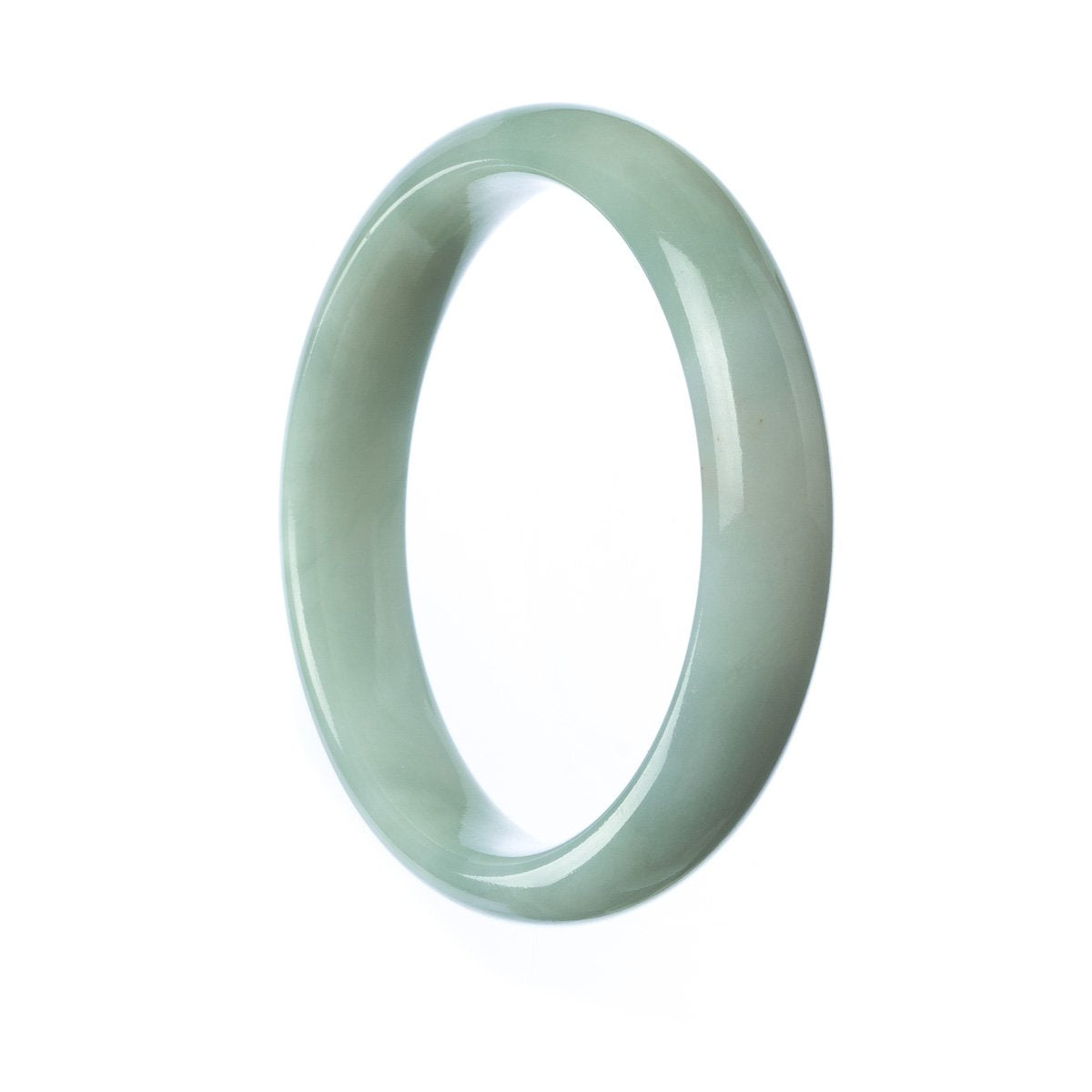 Image of an elegant, half-moon shaped pale green Burmese jade bracelet, measuring 57mm in size. Expertly crafted and authentically sourced, this exquisite piece from MAYS™ combines beauty and sophistication in a timeless design.