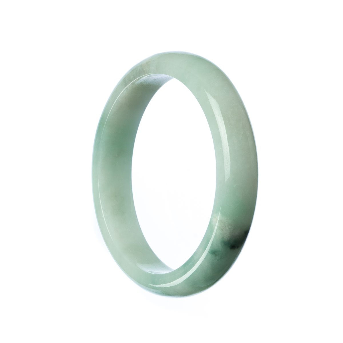 A close-up image of a pale green jade bracelet in the shape of a half moon. The high-quality jade has a smooth texture and a vibrant color. The bracelet measures 55mm in diameter and is perfect for adding a touch of elegance to any outfit. Designed by MAYS.