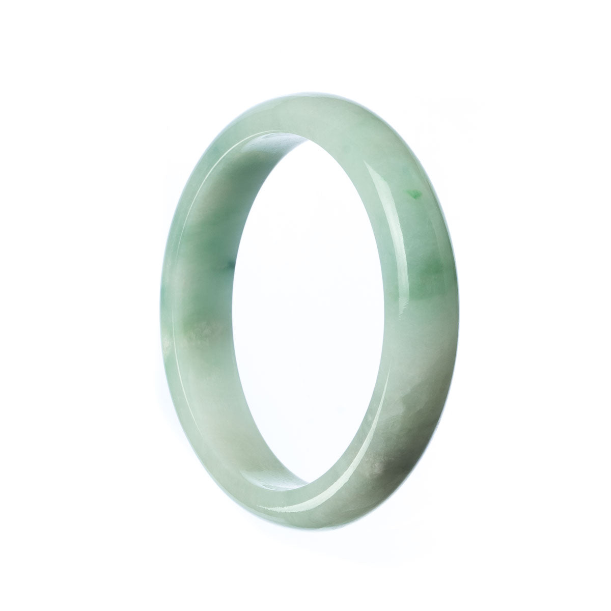 A close-up image of a half-moon shaped pale green jadeite bangle bracelet. The bracelet is made of authentic Type A jadeite and measures 55mm in diameter. It features a smooth and polished surface, showcasing the natural beauty of the jadeite stone. This bracelet is from the MAYS collection.