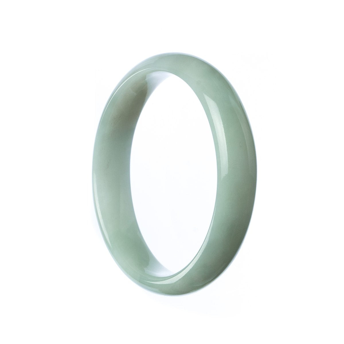 A close-up image of a pale green jade bangle bracelet with a smooth, half-moon shape. The bracelet is made of genuine untreated jade and measures 54mm in diameter. The MAYS™ logo is engraved on the inner side.