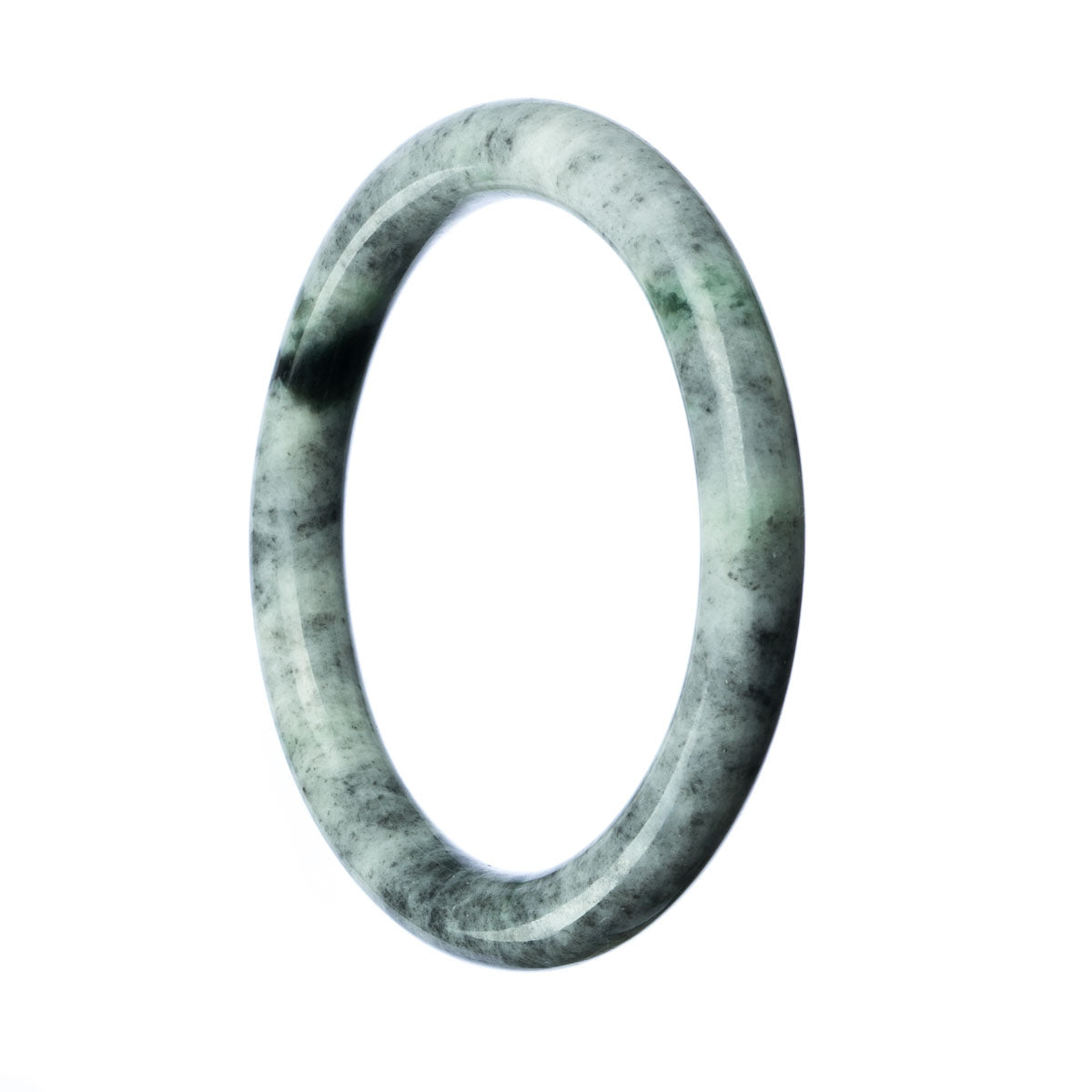 A round, real grade A grey green traditional jade bangle bracelet with a diameter of 58mm.