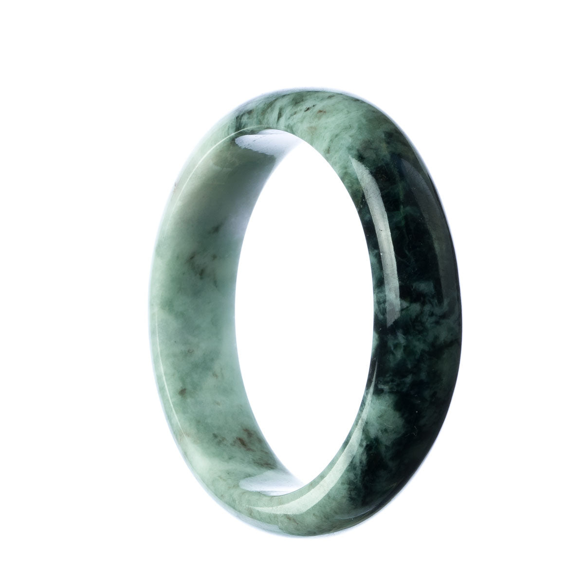 A beautiful half moon-shaped green jadeite bangle, carefully crafted from genuine Grade A jade. The bangle has a diameter of 59mm and is a stunning addition to any jewelry collection.