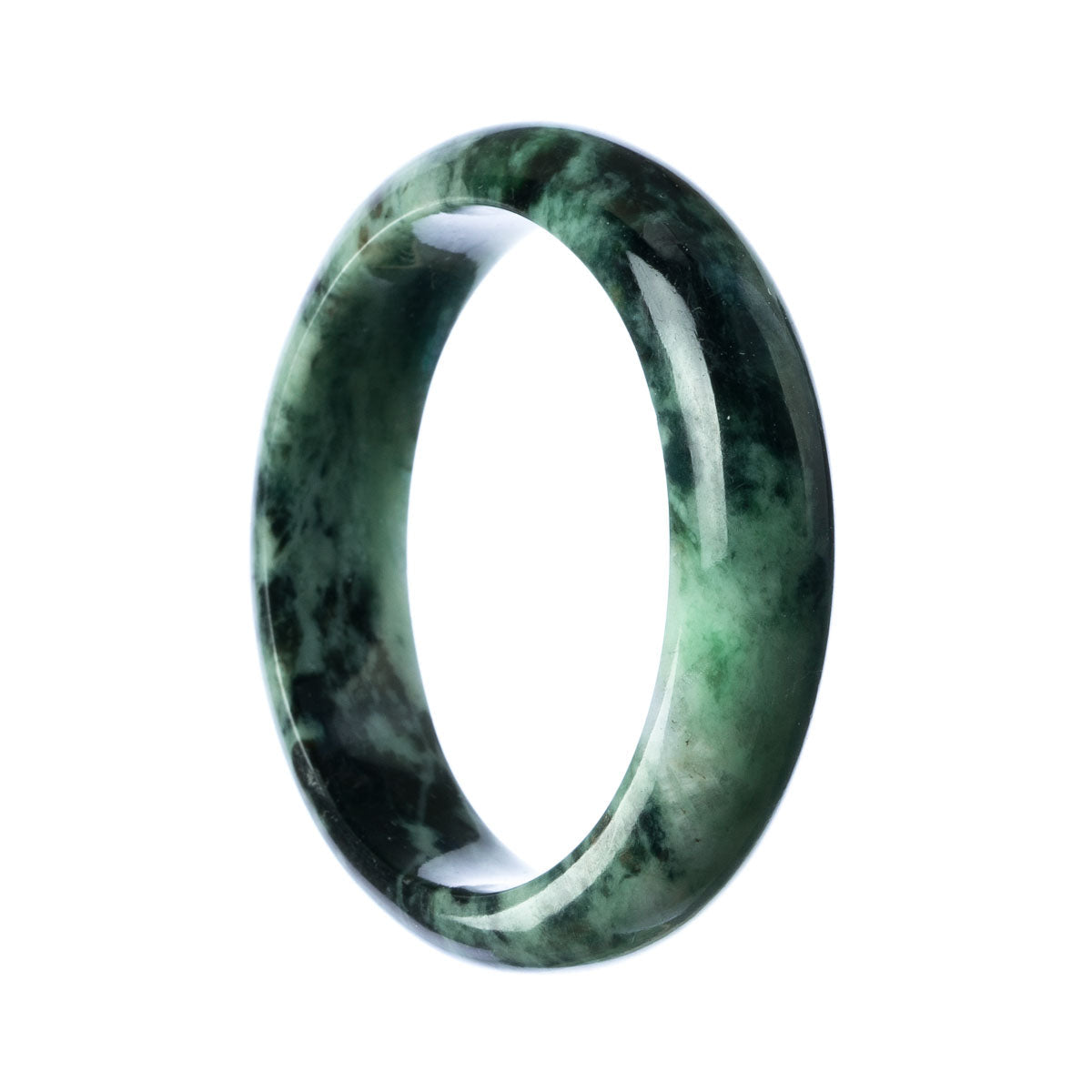 A close-up image of a jade bangle bracelet in a half-moon shape, measuring 58mm in diameter. The bracelet is made of genuine Grade A green Burma jade and is a product of MAYS™.