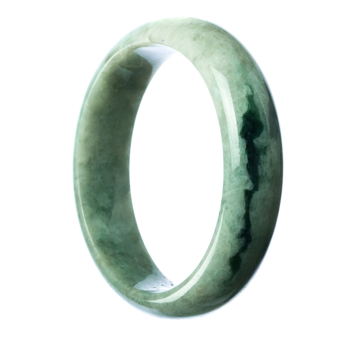 A half moon-shaped green jade bangle, made of real natural green jadeite jade, with a diameter of 62mm. Sold by MAYS GEMS.