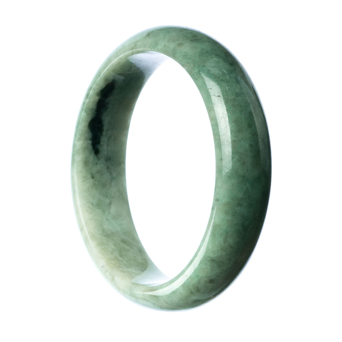 A half moon-shaped certified Type A Green Jadeite Jade bangle bracelet measuring 62mm in size, offered by MAYS.