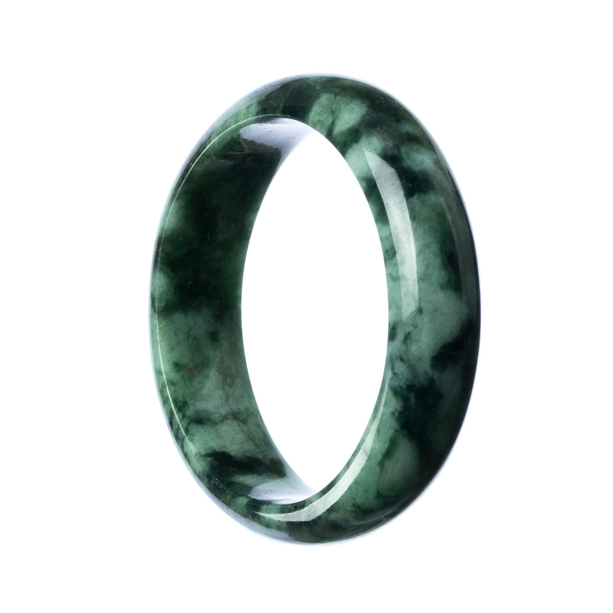 A close-up photo of a stunning green jade bangle bracelet, made from high-quality Grade A green jadeite jade. The bracelet is in a 58mm half moon shape and is beautifully crafted. The jadeite jade has a rich green color and a smooth, polished surface. This exquisite piece of jewelry from MAYS is a true treasure.