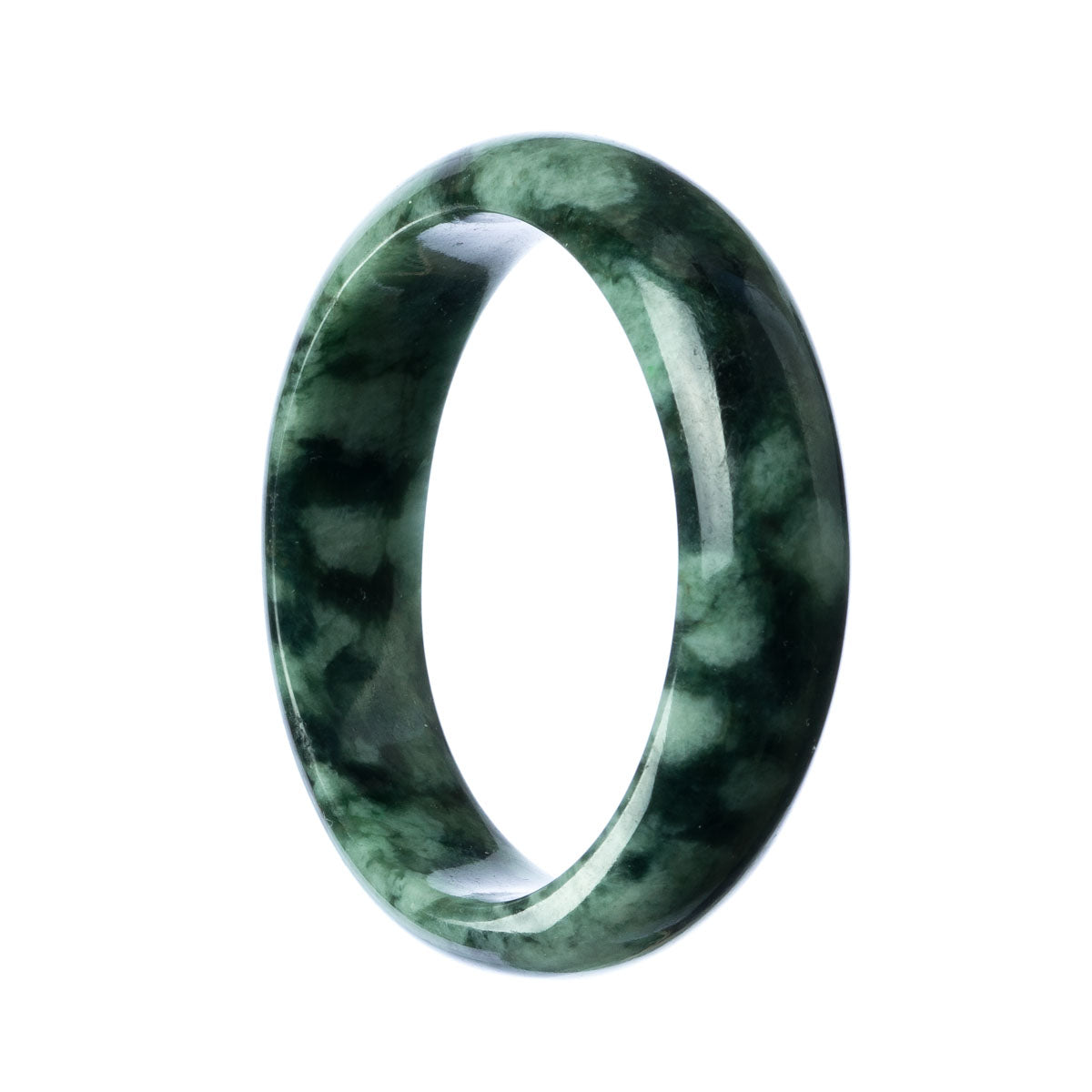 A close-up image of a half moon shaped jade bracelet, with a vibrant green color. The bracelet is made of untreated jade and is certified for its authenticity. It measures 58mm in size. The brand name "MAYS™" is also mentioned.