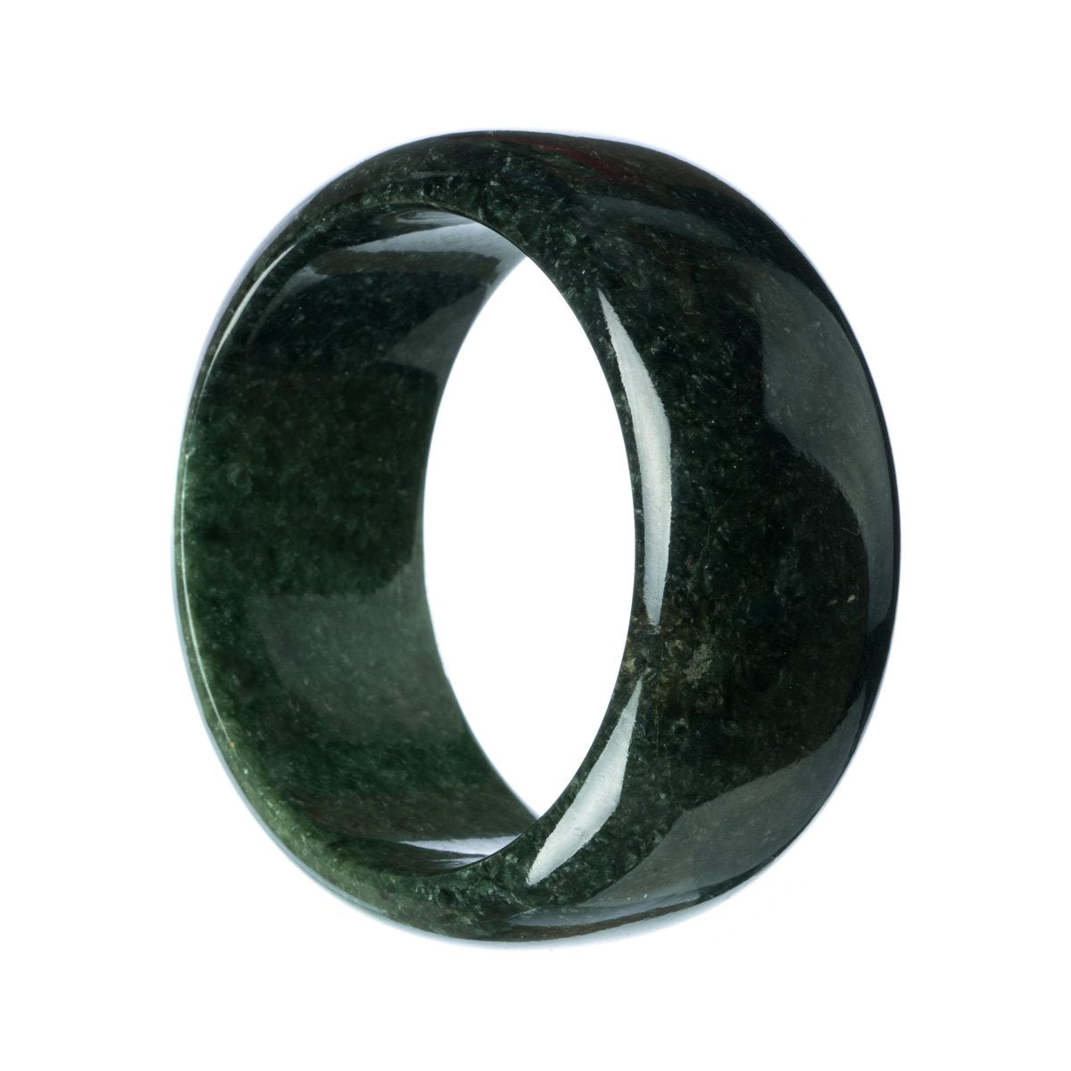 A close-up image of a black jadeite bracelet, certified as Grade A quality. The bracelet is 63mm in size, with a flat design. It is made by the brand MAYS™.