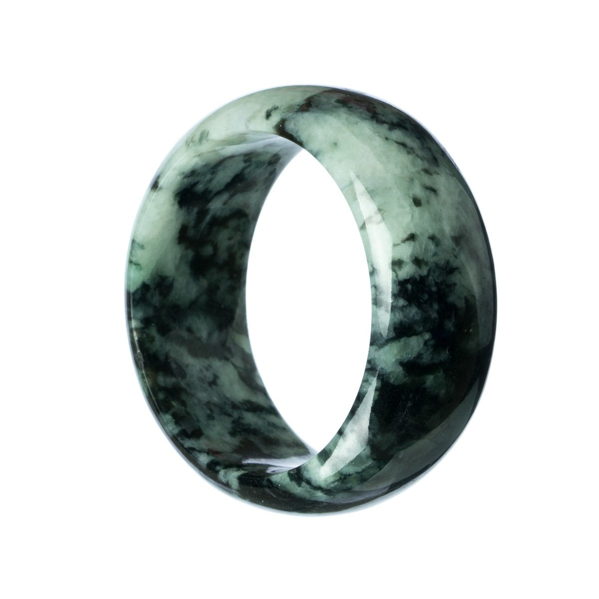 An untreated green jadeite bangle with a flat design, measuring 58mm. Certified authenticity by MAYS GEMS.