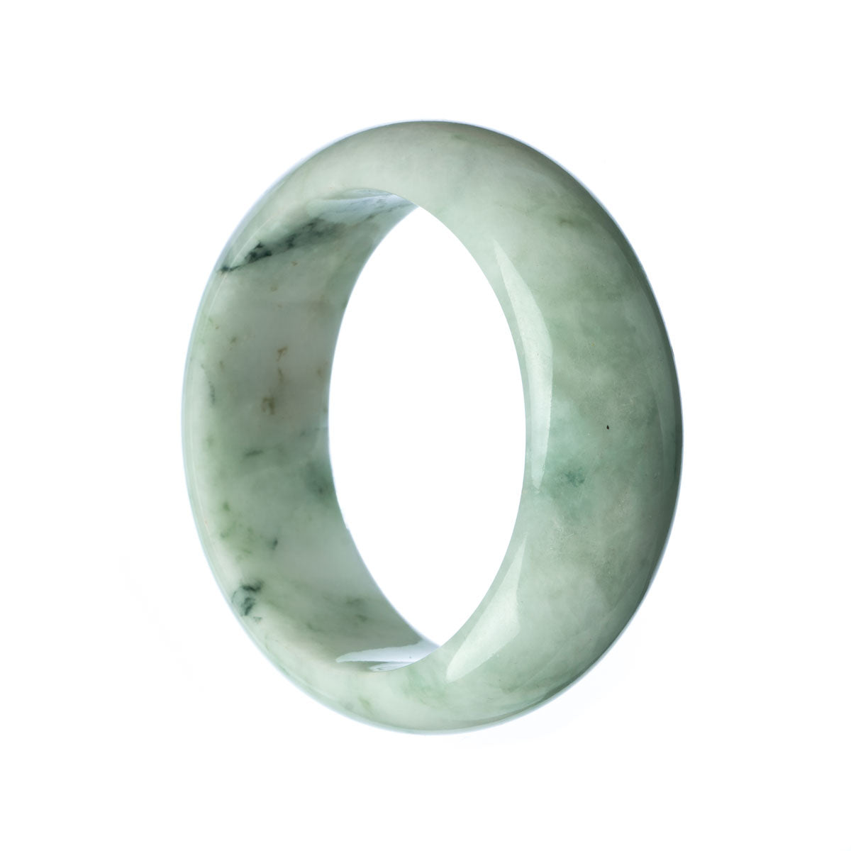 A close-up image of a pale green jade bangle bracelet, measuring 58mm in diameter. The bangle is made of high-quality Burma jade and has a flat design. It is a luxurious and elegant accessory.